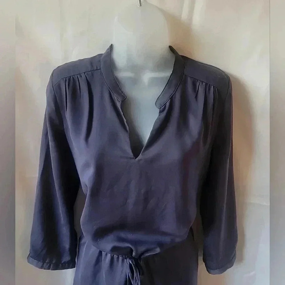 SIZE SMALL Tinley Road Silky Split-Neck Smocked Waist Drawstring Dress, Blue - Picture 8 of 10